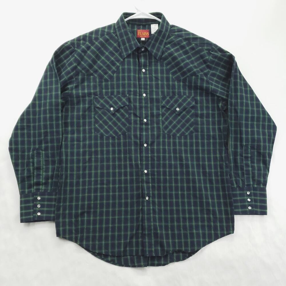 Ely Plains Shirt Mens Large Blue Green Western Pearl Snap Plaid Long Sleeve